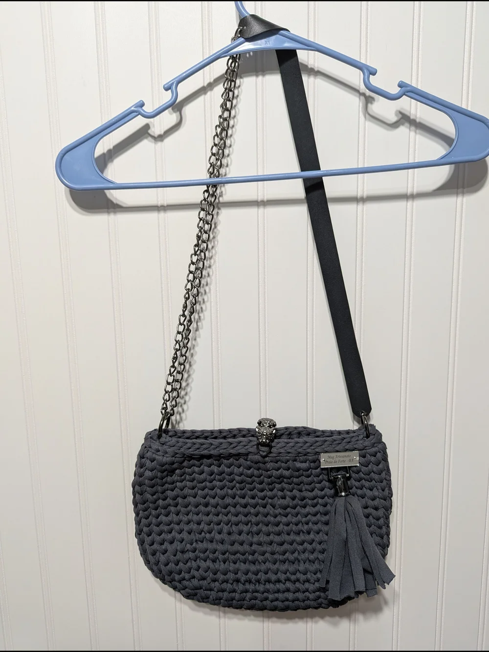 Handmade Crochet Woven Knit Crossbody Bag with Tassel - Charcoal Gray